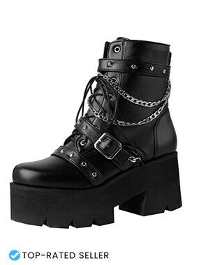 Goth Chunky Platform Ankle Boots Motorcycle Lace Up Block Heel